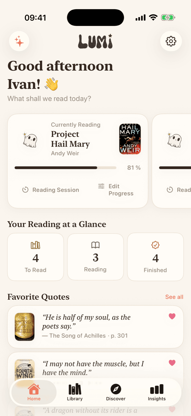 Lumi home screen showing the book you are currently reading, today's reading stats, and saved quotes
