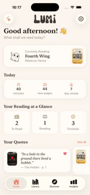 Lumi home screen showing the book you are currently reading, today's reading stats, and saved quotes