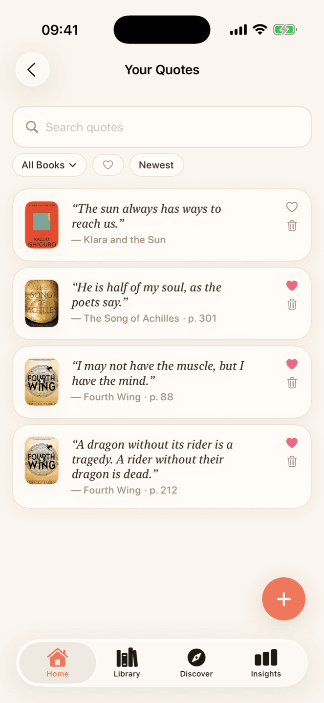 Saved quotes in Lumi with page numbers and favorites
