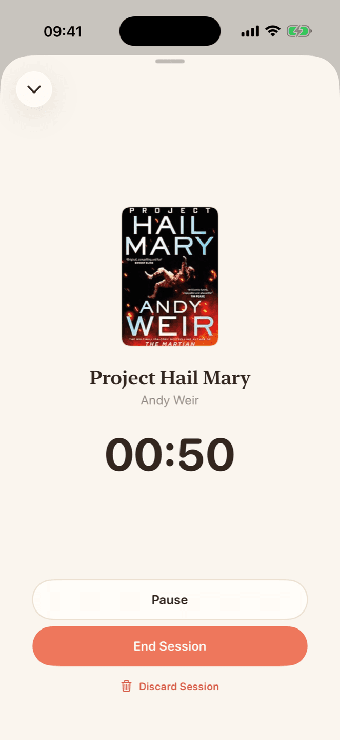Lumi reading timer running for Project Hail Mary