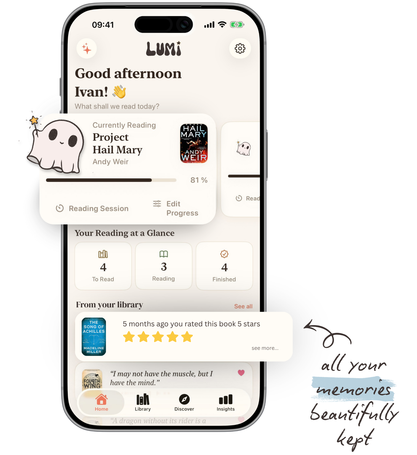 Lumi home screen with reading progress, book memories and handwritten annotations